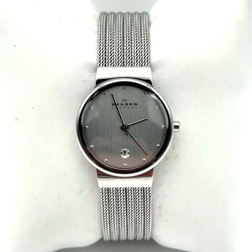 Skagen Women's 355SSS1 Silver Stainless Steel Mesh Band Date Watch 26mm